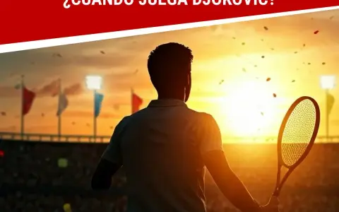 Un tenista con raqueta en mano, silueta contra el atardecer. La pregunta "¿A qué hora juega Djokovic?" flota en el aire.