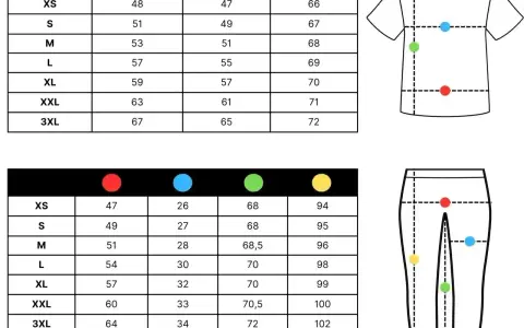 Tabela rozmiarów męskich: jak czytać wymiary spodni i koszulek. Kolorowe kropki wskazują miejsca pomiaru.