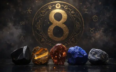 Pięć kryształów przed złotym znakiem nieskończoności i zodiaku. Numerologiczna 8 symbolizuje moc i równowagę.