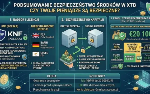 Grafika przedstawia podsumowanie bezpieczeństwa środków w XTB, z logo KNF (Polska) i informacjami o licencjach.
