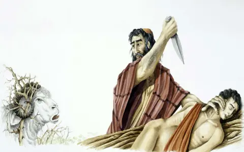 Abraham, a key figure in the Bible, is shown about to sacrifice his son Isaac. A ram caught in thorns is nearby.
