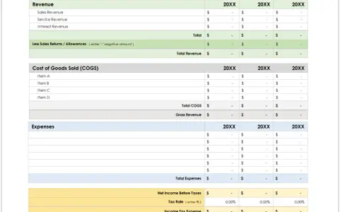 Modèle de compte de résultat annuel pour petites entreprises. Il permet de mettre à profit les données financières pour analyser les revenus, les coûts et les dépenses.