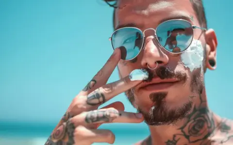 Mężczyzna z tatuażami i monroe piercingiem nakłada krem z filtrem na twarz, odbijając się w okularach.