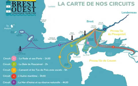 Carte des circuits maritimes de Brest Ouest. Une promenade bord de mer à Brest révèle 6 parcours, de la rade à la presqu'île de Crozon.