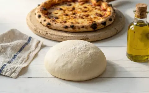 Świeże ciasto na pizzę, gotowa pizza, oliwa i ściereczka. Proste ciasto na pizzę zawsze wychodzi, a efekt jest pyszny!