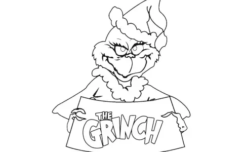Grinch w czapce Mikołaja trzyma tabliczkę z napisem "The Grinch". Idealna grinch kolorowanka dla dzieci.