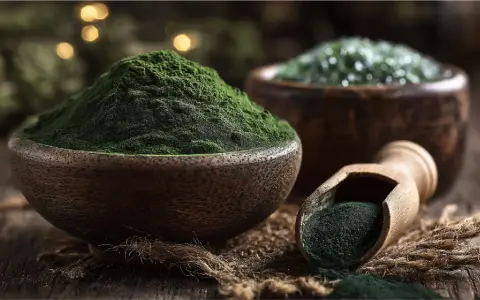 Grünes Pulver in Holzschalen und Löffel. Das ist Spirulina, ein nährstoffreiches Superfood.