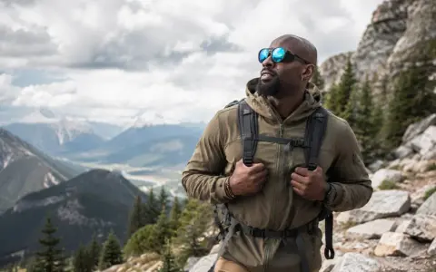 Uomo con zaino e occhiali da sole fa escursioni in montagna, godendosi il panorama mozzafiato.