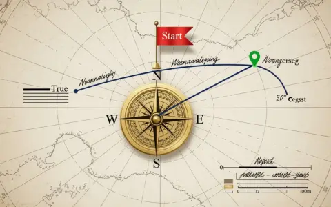 Kompas wskazuje kierunki świata, a niebieska linia wyznacza trasę od "Start" do "Norngerseg", pokazując drogę przez morza i oceany.