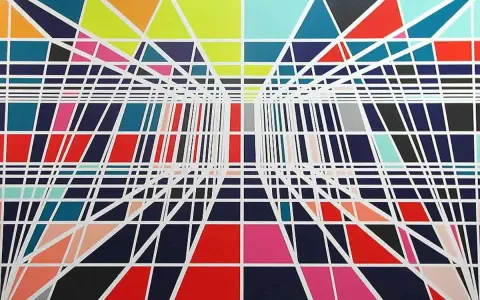 Abstract geometric artwork with a sense of depth, featuring colorful triangles and rectangles. This is a vibrant example of pattern.