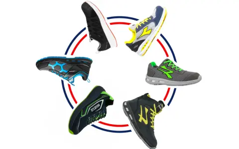 Cinque paia di scarpe sportive con diversi nomi modelli scarpe, disposte a cerchio su sfondo bianco.