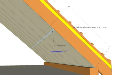 Detailansicht einer Dachkonstruktion: Die **Dampfbremse** wird von der Innenseite angebracht, mit Klebeband abgedichtet.
