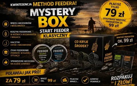 Mystery Box z akcesoriami do metody feeder. Zestaw startowy feeder klasyczny zawiera koszyki, haczyki, żyłki. Kup za 79 zł, wartość 99 zł.