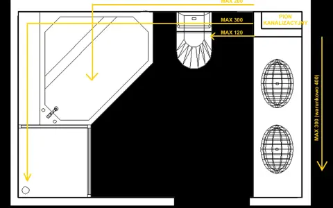 Schemat łazienki z wanną, WC i umywalkami. Określono maksymalną odległość WC od pionu kanalizacyjnego: 120 mm.