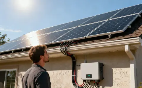 Un homme regarde des panneaux solaires sur un toit. Un onduleur est fixé au mur, gérant l'énergie grâce à la technologie MPPT pour une efficacité maximale.