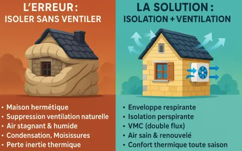 Maison étouffée par l'isolation sans ventilation, contrastant avec une maison aérée et ventilée. L'isolation de la maison est essentielle, mais la ventilation l'est tout autant.