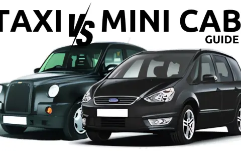 Ein schwarzer Londoner Taxi und ein schwarzer Minivan stehen nebeneinander. Der Text "TAXI VS MINI CAB GUIDE" ist darüber zu lesen.