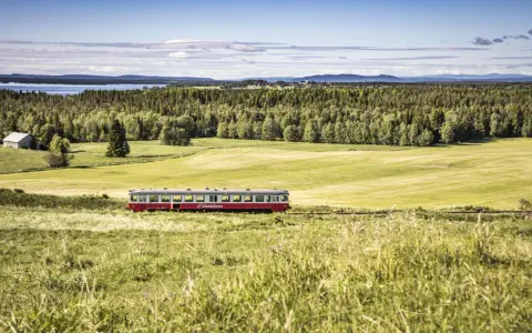 Roter Zug fährt durch grüne schwedische Landschaft. #Inlandsbanan.