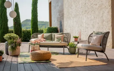 Aménagement terrasse extérieure : un canapé et un fauteuil confortables, des coussins, un plaid coloré, des plantes et des tapis invitent à la détente.