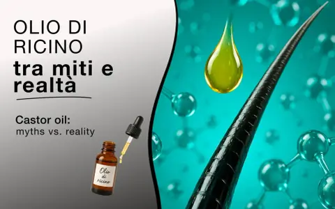 Olio di ricino per ciglia: una goccia dorata su una ciocca di capelli, tra molecole e realtà.