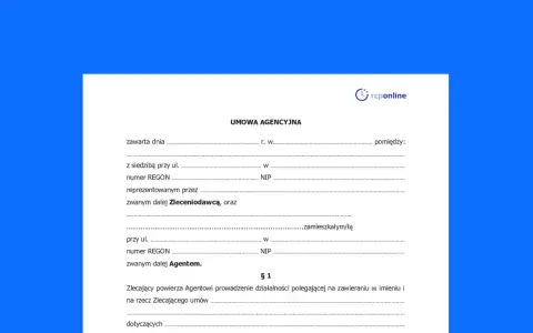 Umowa agencyjna z logo rcponline. Dokument zawiera pola do wypełnienia danych stron umowy, w tym Zleceniodawcy i Agenta.