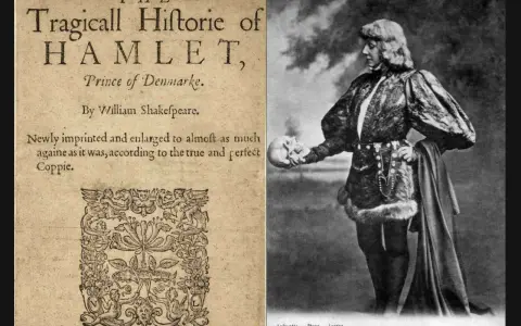 Strona tytułowa "Hamleta" Szekspira i Sarah Bernhardt jako Hamlet, trzymająca czaszkę. To streszczenie dzieła.
