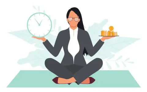 A woman in a suit meditates, balancing a clock in one hand and coins in the other. This illustrates what is self discipline: managing time and resources wisely.