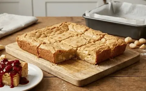 Un delicioso brownie de chocolate blanco, cortado en porciones, con un trozo cubierto de frutos rojos.