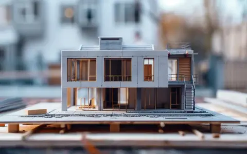 Model nowoczesnego domu z betonowymi elementami i dużymi oknami. Widać schody zewnętrzne i taras. To wizualizacja, która pomoże oszacować koszt adaptacji projektu.