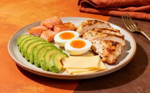Tanie przepisy keto: grillowany kurczak, łosoś, jajka na miękko, awokado i ser. Zdrowy posiłek na talerzu.
