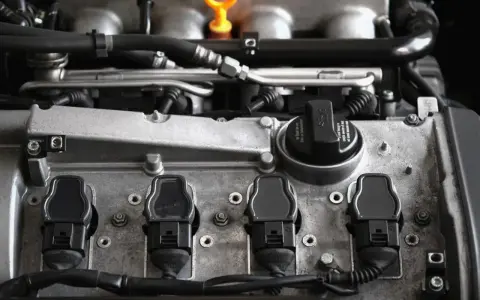 Silnik Volkswagena z widocznymi cewkami zapłonowymi. Błąd DTC P0030 może wskazywać na problem z sondą lambda.