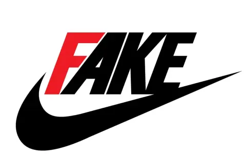 Das Wort "FAKE" in Rot und Schwarz über dem Nike-Swoosh. Ein Hinweis auf gefälschte Nike-Produkte, die vielleicht in Vietnam hergestellt wurden.