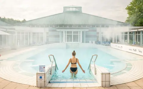 Frau im Bikini steht im warmen Wasser des Badesees OWL. Dampf steigt auf.