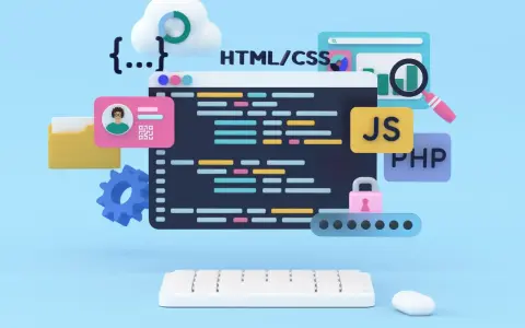 Kreatywny frontend: kod HTML/CSS, JS, PHP, chmura, lupa, klawiatura i myszka symbolizują tworzenie stron internetowych.