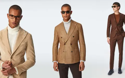 Uomini eleganti con giacche color terra e dolcevita, perfetti per idee outfit sera.