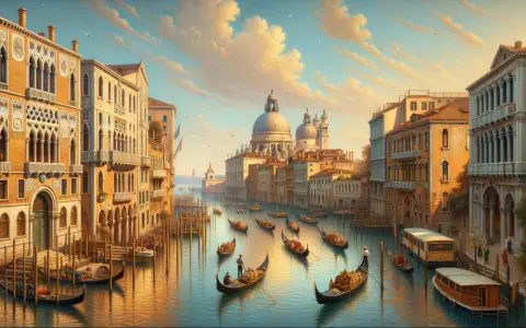 Venise, un paysage de rêve à la Canaletto, avec ses canaux, ses gondoles et ses palais dorés sous un ciel nuageux.