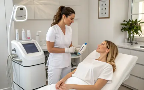 Kosmetolog prezentuje klientce preparat przed zabiegami dermatologicznymi.
