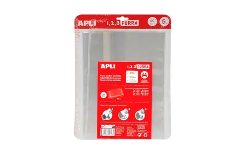 Paquete de 5 fundas transparentes APLI 1,2,3 FORRA para forrar libros de forma rápida y sencilla.