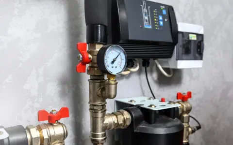 Zawór trójdrożny z manometrem, przed pompą, kontroluje przepływ w instalacji.