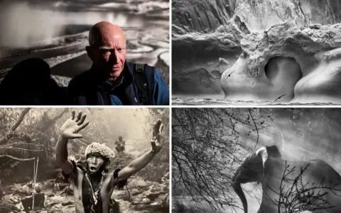 Ritratti e paesaggi in bianco e nero di Sebastiao Salgado: un uomo, rocce scolpite, un indigeno e un elefante.