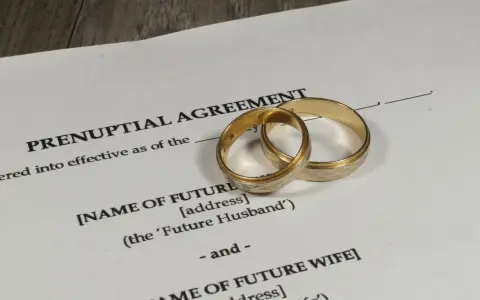 Złote obrączki na dokumencie "Prenuptial Agreement" – protokół przedmałżeński, który określa warunki przed ślubem.
