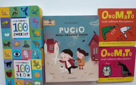 Książki do nauki mowy dla maluchów: "Pucio mówi pierwsze słowa", "Moje pierwsze 100 zwierząt", "Moje pierwsze 100 słów" i "Onomato".