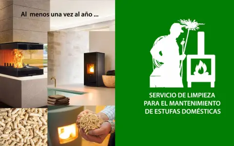 Servicio de limpieza para el mantenimiento de estufas domésticas. Imágenes de estufas de pellets y pellets.