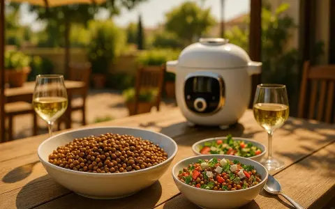 Lentilles vertes prêtes à être dégustées, préparées avec une mijoteuse. Un repas ensoleillé avec du vin blanc.