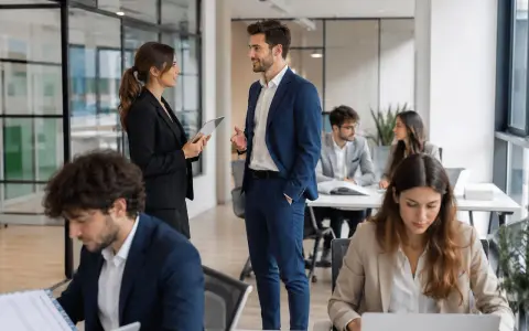 Il responsabile comunicazione discute con una collega in un ufficio moderno. Altri collaboratori lavorano ai loro tavoli.