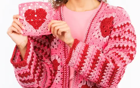 Una mujer muestra un cardigan tejido a mano, rosa y rojo, con un corazón de ganchillo. Este es un ejemplo de qué es un cardigan.