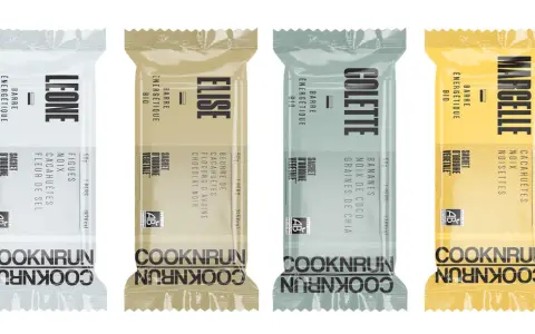 Quatre barres énergétiques bio Cooknrun : Léone (figue, noix, cacahuète, fleur de sel), Élise (chocolat noir, avoine, cacahuète), Colette (banane, noix de coco, chia), Marcelle (cacahuète, noisette). Un parcours nutritionnel savoureux.