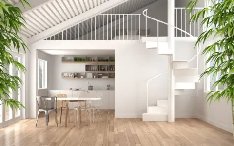 Interni moderni con cucina, zona pranzo e soppalco chiuso con letto visibile. Scale a chiocciola bianche per idee soppalco chiuso.
