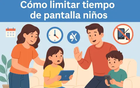Familia en un sofá con iconos de calendario, reloj, silencio y prohibición de pantallas.