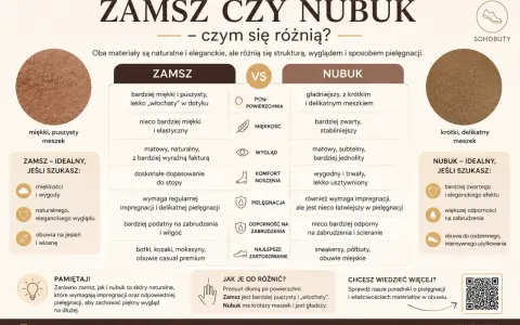 Porównanie zamszu i nubuku: zamsz jest miękki i puszysty, nubuk gładki z krótkim meszkiem. Oba wymagają pielęgnacji.